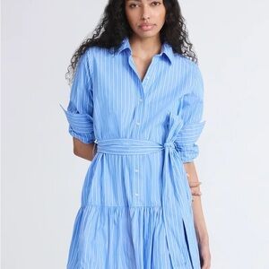 Striped Light Blue Midi Shirt Dress with Tie Waist